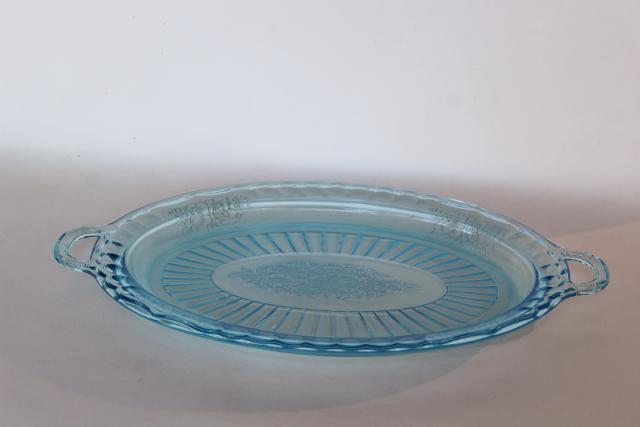 photo of vintage depression glass Mayfair open rose oval platter or tray, Anchor Hocking blue #8