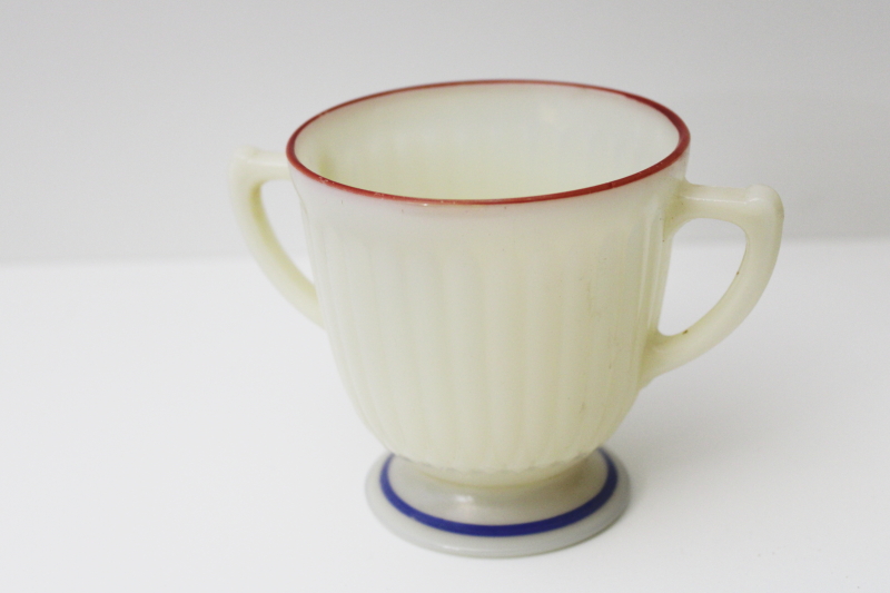 photo of vintage depression glass Monax opalescent petalware sugar bowl, red & blue primary band #1