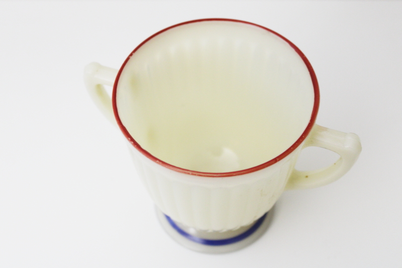 photo of vintage depression glass Monax opalescent petalware sugar bowl, red & blue primary band #2