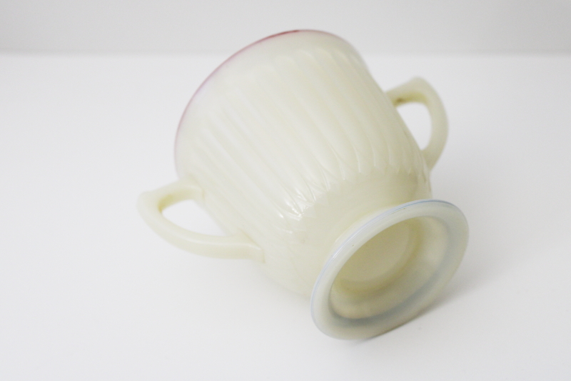 photo of vintage depression glass Monax opalescent petalware sugar bowl, red & blue primary band #3