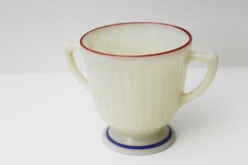 catalog photo of vintage depression glass Monax opalescent petalware sugar bowl, red & blue primary band