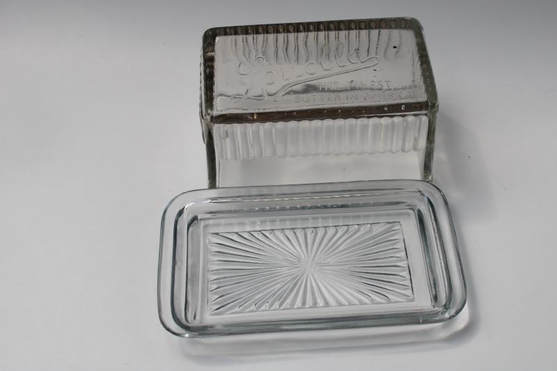 photo of vintage depression glass butter dish one pound block Louella advertising embossed cover #5