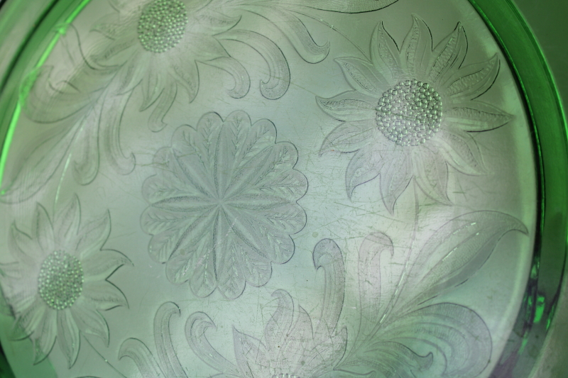 photo of vintage depression glass cake plate, Jeannette sunflower pattern deep green glass with uranium glow  #2