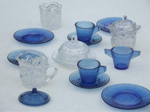 photo of vintage depression glass doll dishes, clear pressed glass & cobalt blue #1
