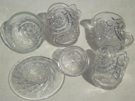 photo of vintage depression glass doll dishes, clear pressed glass & cobalt blue #2