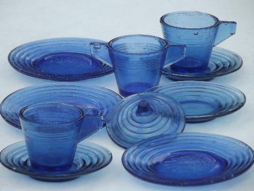 photo of vintage depression glass doll dishes, clear pressed glass & cobalt blue #3