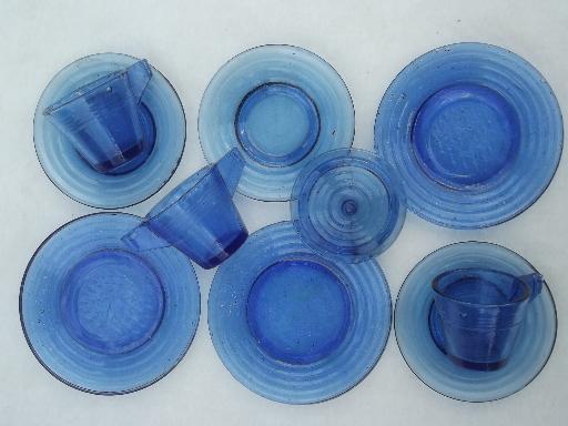 photo of vintage depression glass doll dishes, clear pressed glass & cobalt blue #4