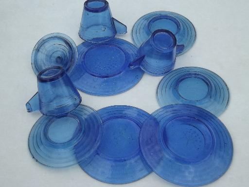 photo of vintage depression glass doll dishes, clear pressed glass & cobalt blue #5