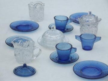 catalog photo of vintage depression glass doll dishes, clear pressed glass & cobalt blue