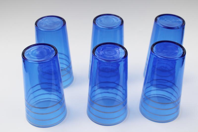 photo of vintage depression glass drinking glasses, hand painted striped cobalt blue tumblers #3