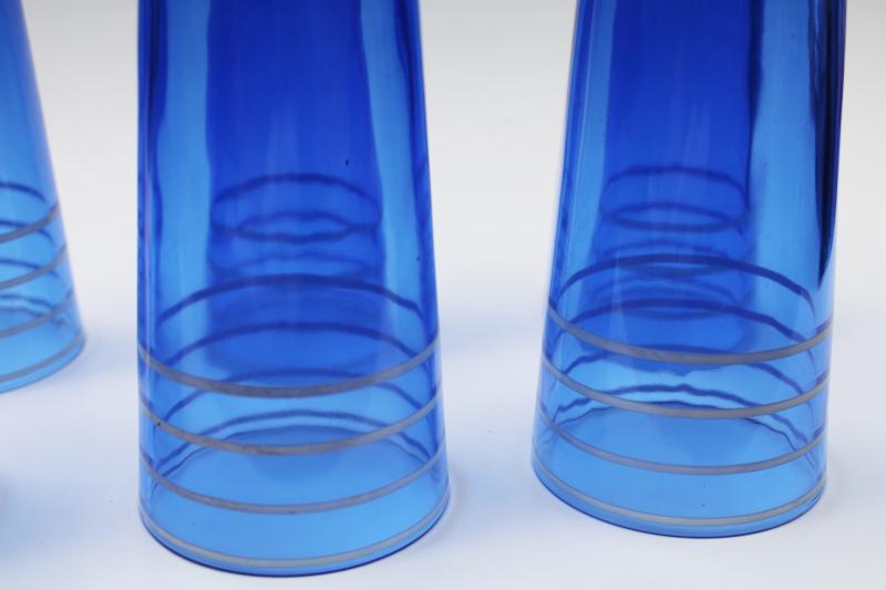 photo of vintage depression glass drinking glasses, hand painted striped cobalt blue tumblers #4