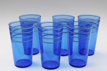 catalog photo of vintage depression glass drinking glasses, hand painted striped cobalt blue tumblers