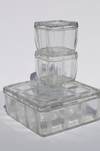 photo of vintage depression glass fridge boxes set, criss-cross refrigerator dishes for leftovers #1