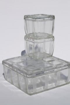 catalog photo of vintage depression glass fridge boxes set, criss-cross refrigerator dishes for leftovers