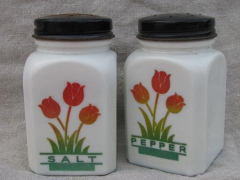 photo of vintage depression glass kitchen S&P, colored tulips on milk white #1