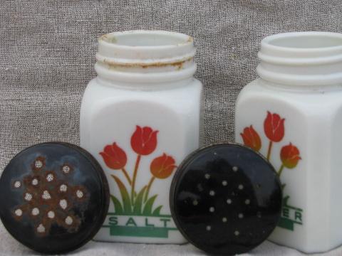 photo of vintage depression glass kitchen S&P, colored tulips on milk white #3