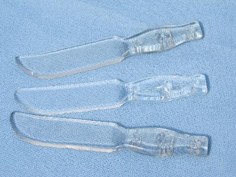 photo of vintage depression glass knives, clear pressed glass knife lot #1