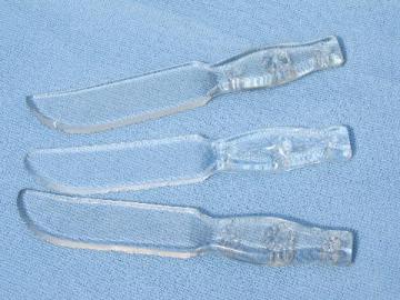 catalog photo of vintage depression glass knives, clear pressed glass knife lot