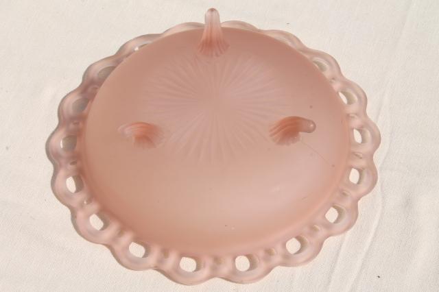 photo of vintage depression glass, pink mist satin frosted glass bowl w/ open lace edge #5