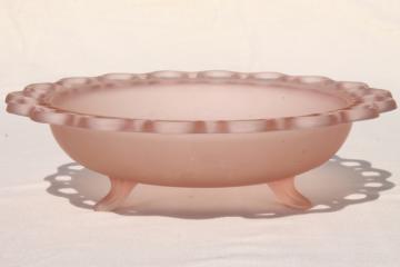 catalog photo of vintage depression glass, pink mist satin frosted glass bowl w/ open lace edge