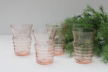 catalog photo of vintage depression glass soda glasses, flamingo pink Heisey plateau stacked ring tumblers