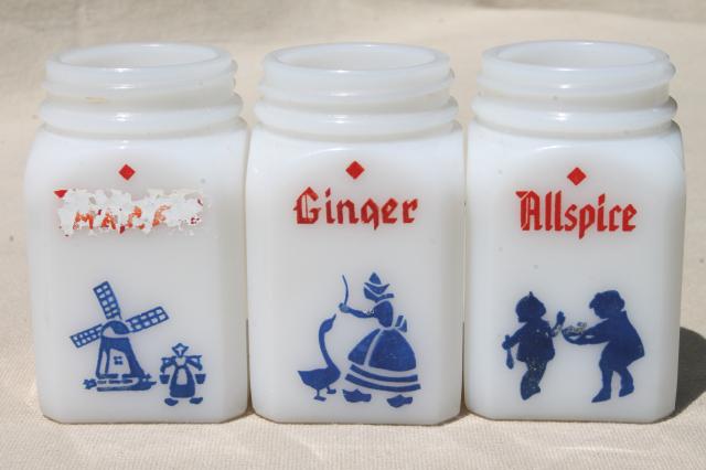 photo of vintage depression glass spice set, deco milk glass shaker jars red & blue dutch designs #5