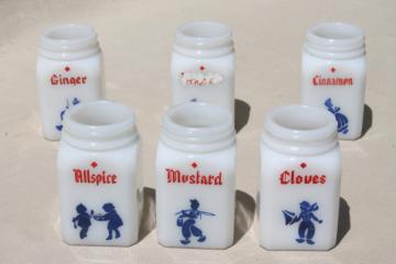 catalog photo of vintage depression glass spice set, deco milk glass shaker jars red & blue dutch designs