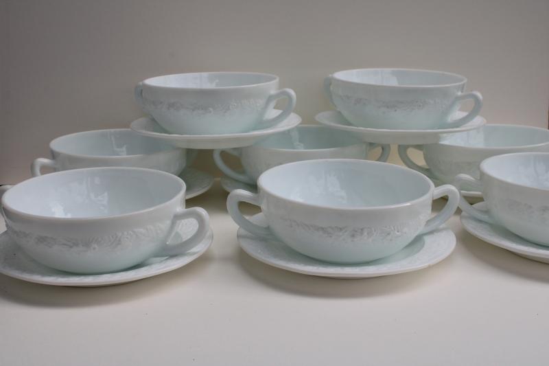 photo of vintage depression glass, white milk glass cream soup bowls Anchor Hocking Vitrock #1