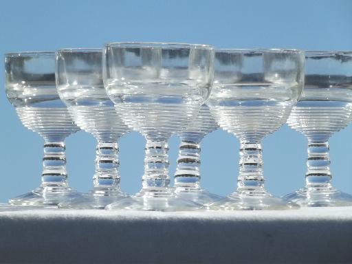 photo of vintage depression glass wine glasses, banded ring pattern pressed glass #1