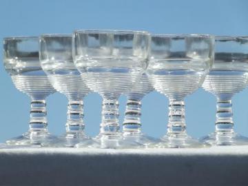 catalog photo of vintage depression glass wine glasses, banded ring pattern pressed glass