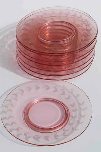 photo of vintage depression pink glass salad or luncheon plates w/ etched laurel band border #1