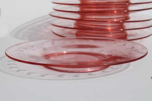 photo of vintage depression pink glass salad or luncheon plates w/ etched laurel band border #2