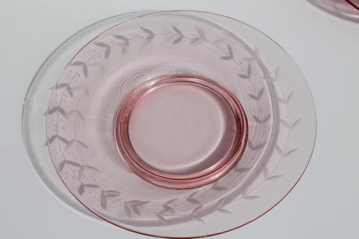 photo of vintage depression pink glass salad or luncheon plates w/ etched laurel band border #3