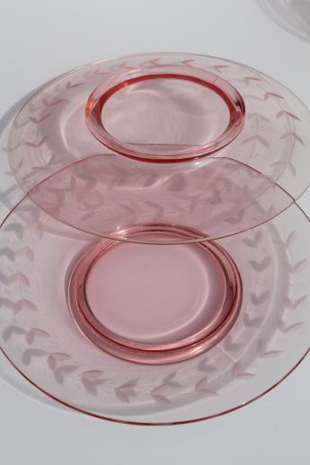 photo of vintage depression pink glass salad or luncheon plates w/ etched laurel band border #4