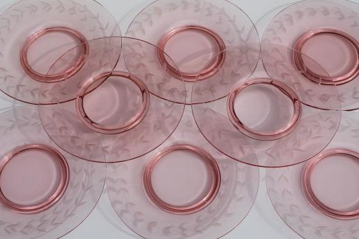 photo of vintage depression pink glass salad or luncheon plates w/ etched laurel band border #5