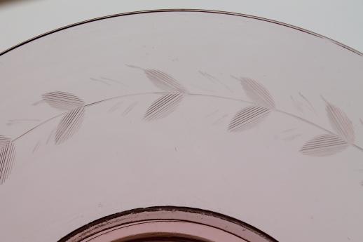 photo of vintage depression pink glass salad or luncheon plates w/ etched laurel band border #6