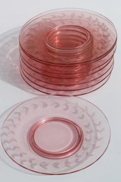 catalog photo of vintage depression pink glass salad or luncheon plates w/ etched laurel band border