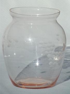 catalog photo of vintage depression pink glass vase w/ wheel cut grapes pattern