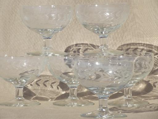 photo of vintage dessert dishes set, crystal clear glass w/ etched laurel & lines #1