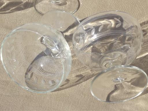 photo of vintage dessert dishes set, crystal clear glass w/ etched laurel & lines #3