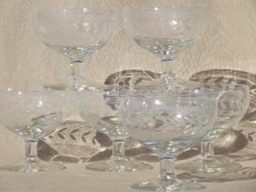 catalog photo of vintage dessert dishes set, crystal clear glass w/ etched laurel & lines