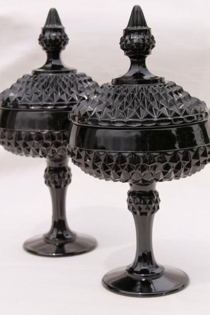 photo of vintage diamond point black glass apothecary jars, Tiara / Indiana glass candy dish pair #1