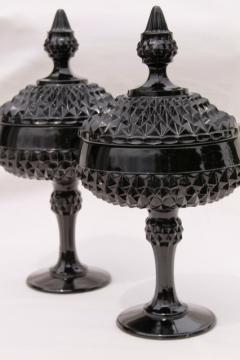 catalog photo of vintage diamond point black glass apothecary jars, Tiara / Indiana glass candy dish pair