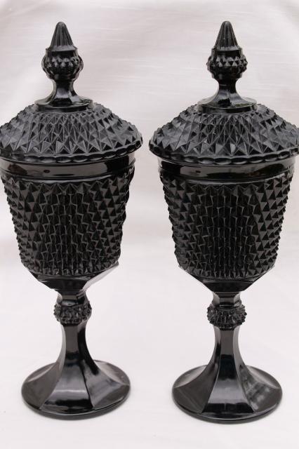 photo of vintage diamond point black glass apothecary jars, Tiara / Indiana glass tall candy dish pair #2