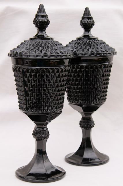 photo of vintage diamond point black glass apothecary jars, Tiara / Indiana glass tall candy dish pair #3
