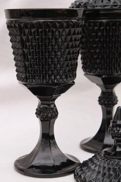 photo of vintage diamond point black glass apothecary jars, Tiara / Indiana glass tall candy dish pair #4