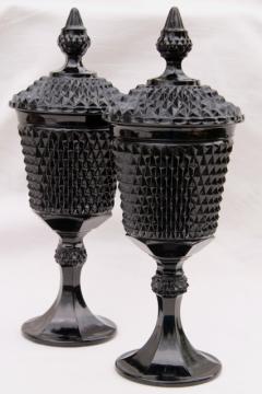 catalog photo of vintage diamond point black glass apothecary jars, Tiara / Indiana glass tall candy dish pair