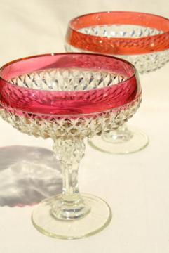 catalog photo of vintage diamond point glass compotes, ruby red & cranberry stain flashed color bands