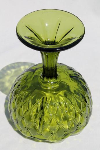 photo of vintage diamond quilt pattern Indiana glass compote, retro green ivy bowl vase #4