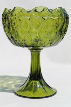 catalog photo of vintage diamond quilt pattern Indiana glass compote, retro green ivy bowl vase